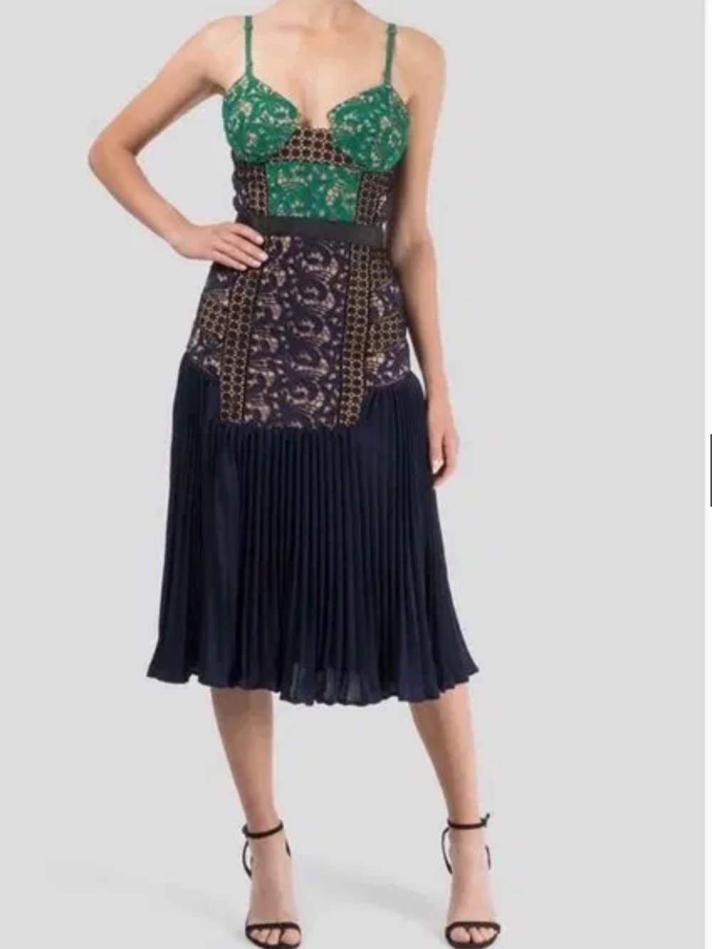 Self-Portrait Green and Navy Mixed-Pattern Pleated Midi Dress